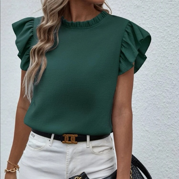 Tops - Elegant Classic Green Mock Neck Ruffle Butterfly Top Blouse Shirt